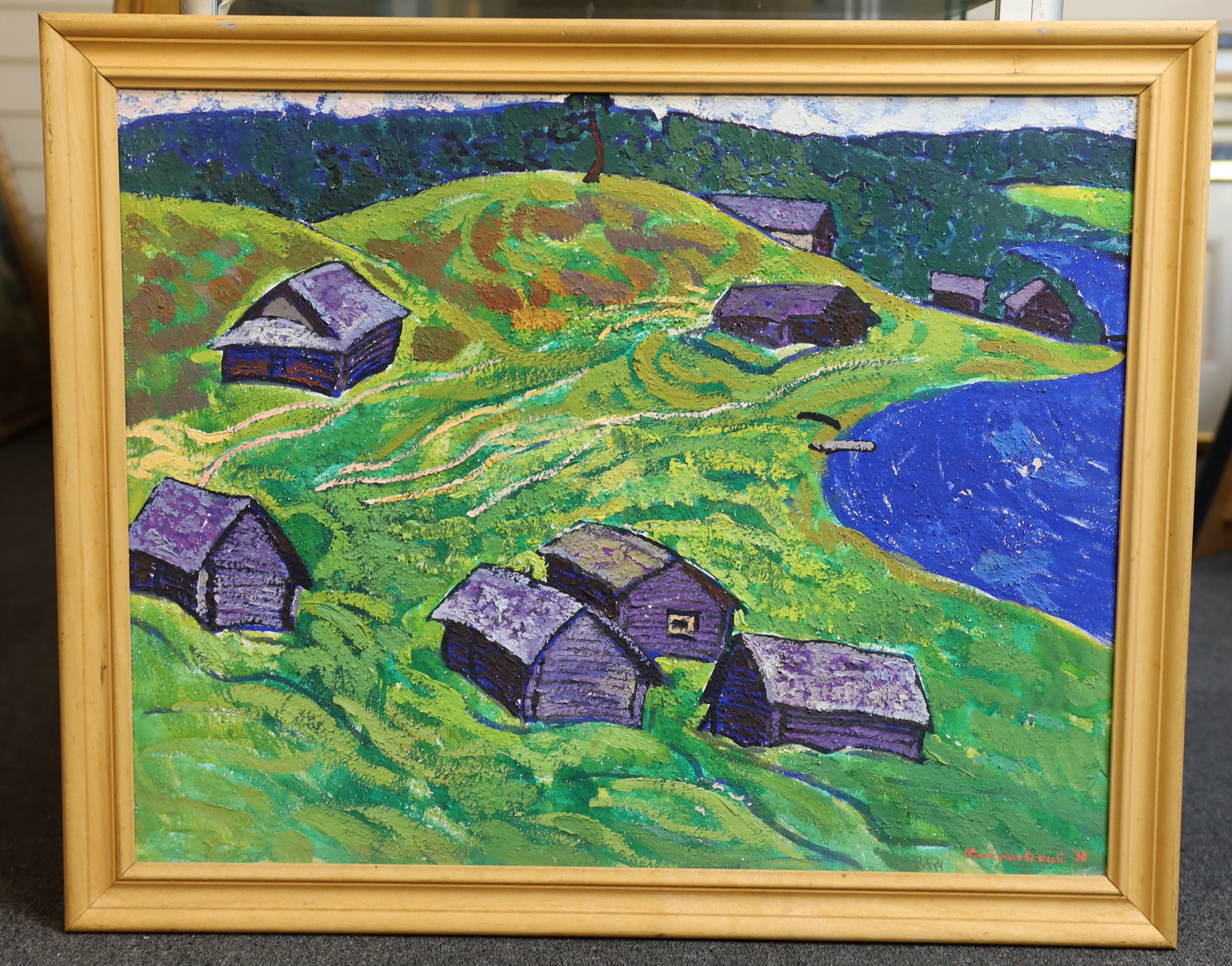 Yuri Vladimirovich Matushevsky (Russian, 1930-1999), Dhakas in summer, oil and gouache on card, 54 x 68.5cm